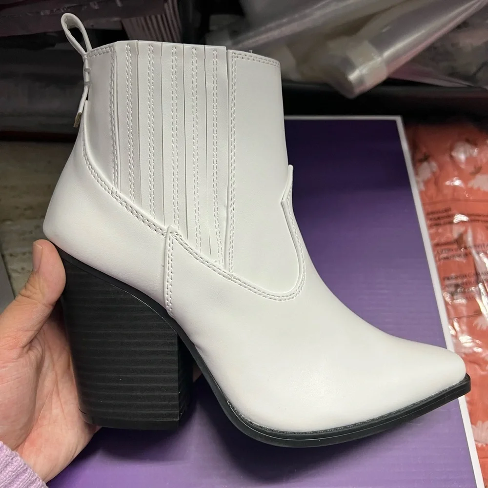 ⚡CLEARANCE! White Vegan Leather Cowboy Ankle Boots - Picture 7 of 9